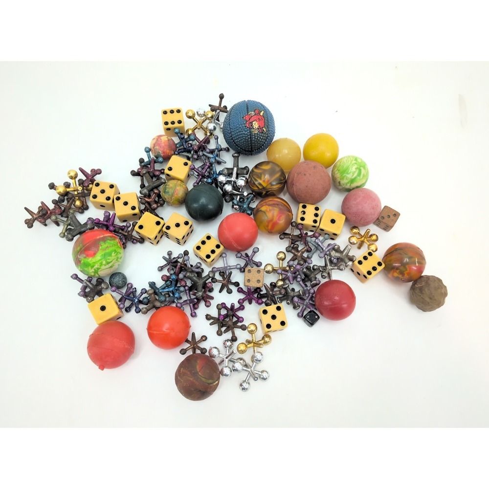 VTG Toy Lot Jacks Game Metal Multicolor Bouncy Ball Bakelite Mini Glass Dice Die